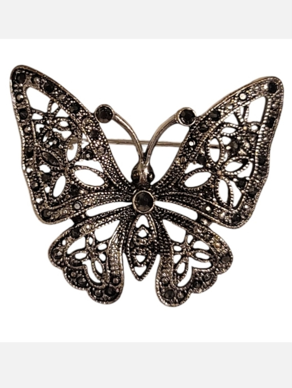 Marcasite & Silver Fashion Jewelry Large Butterfly Brooch Jacket Lapel Pin